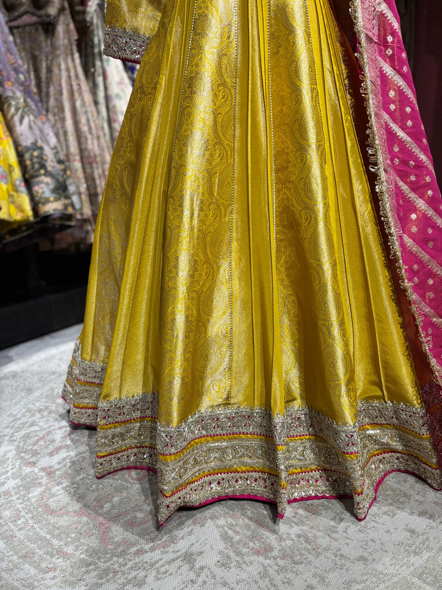 Mustrad Yellow Anarkali with Pink Dupatta and Zari Embroidery