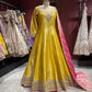 Mustrad Yellow Anarkali with Pink Dupatta and Zari Embroidery