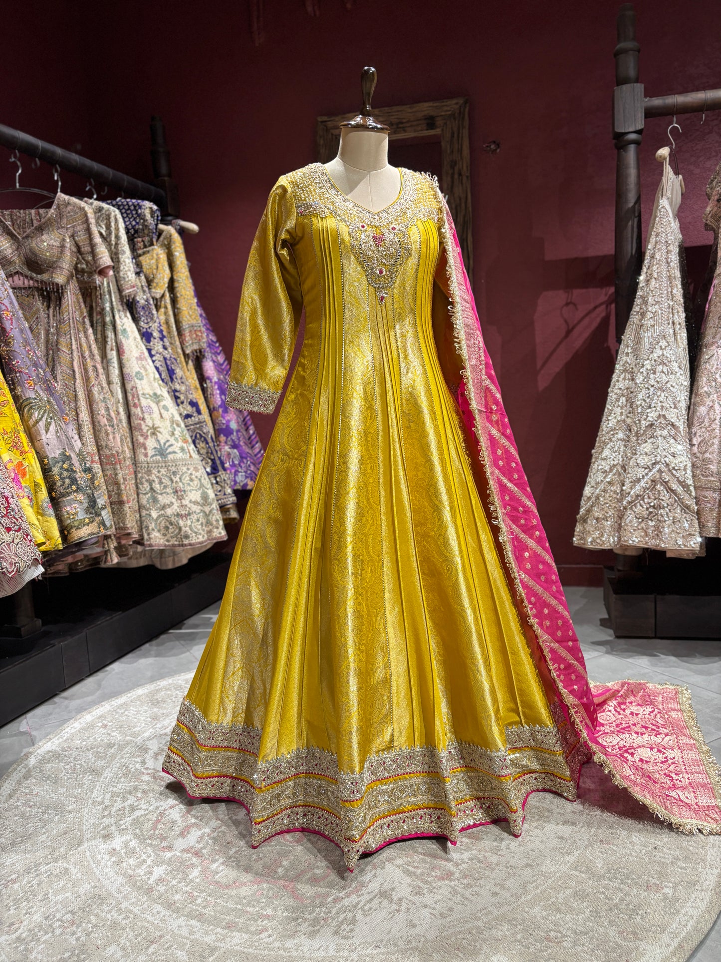 Mustrad Yellow Anarkali with Pink Dupatta and Zari Embroidery