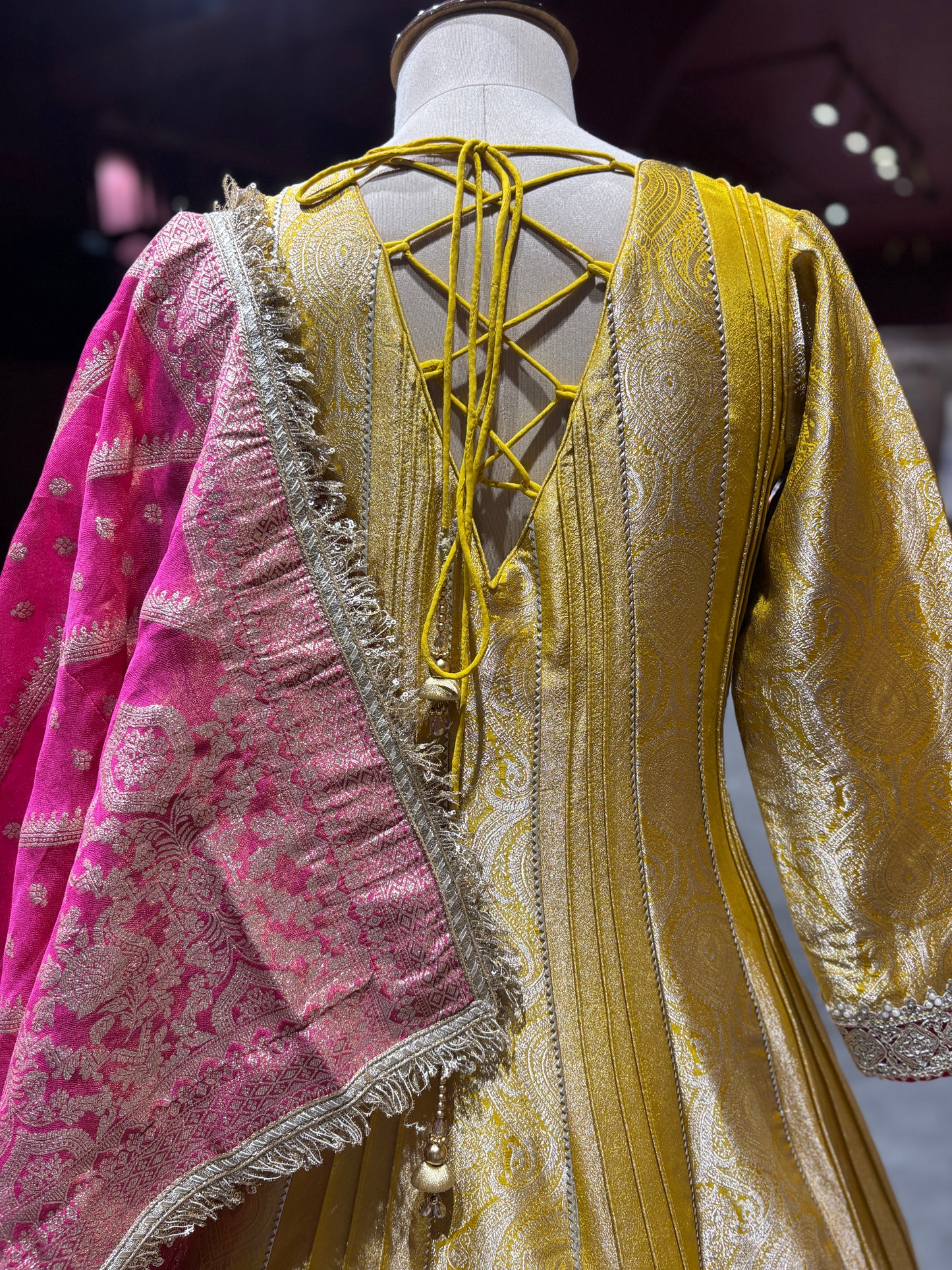 Mustrad Yellow Anarkali with Pink Dupatta and Zari Embroidery