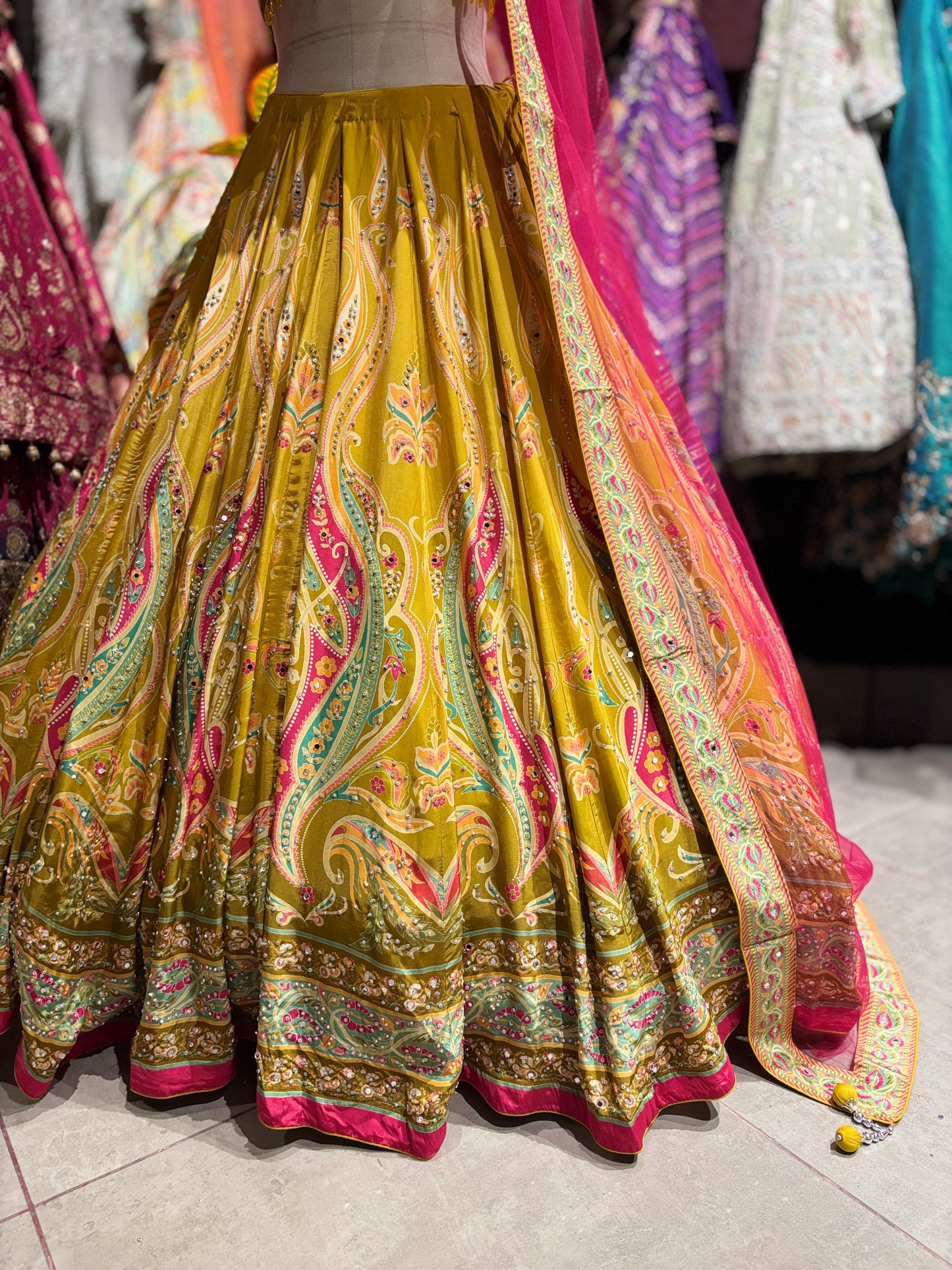 Mustard Yellow Paisley Embellished Lehenga Choli with Pink Dupatta