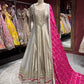 Grey Colour Anarkali with Pink Dupatta and Zari Work Design