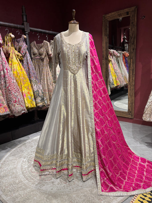 Grey Colour Anarkali with Pink Dupatta and Zari Work Design