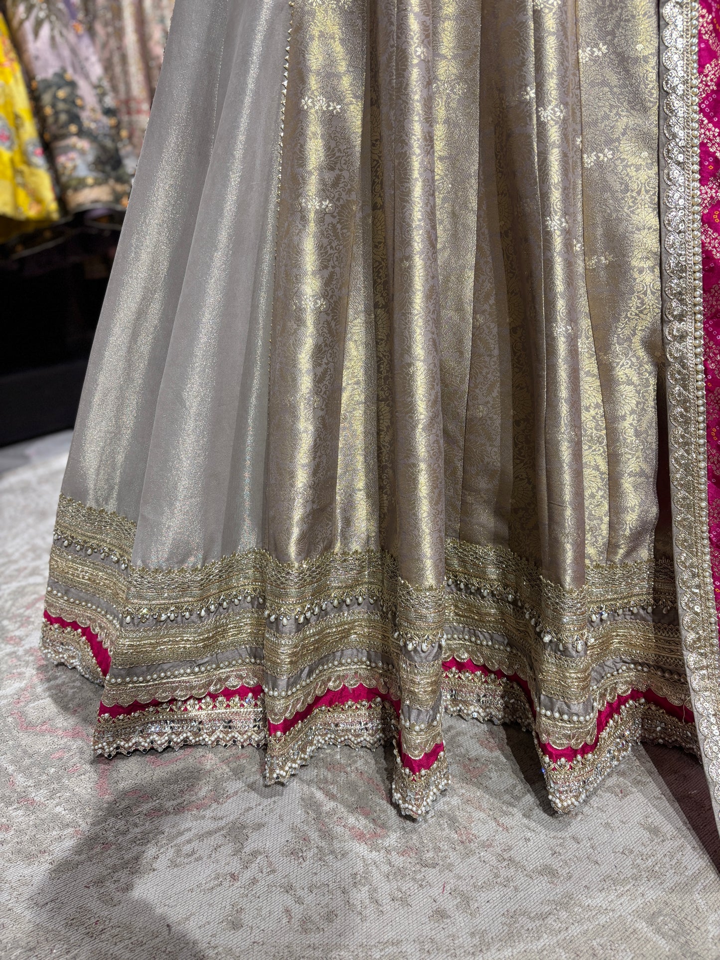 Grey Colour Anarkali with Pink Dupatta and Zari Work Design