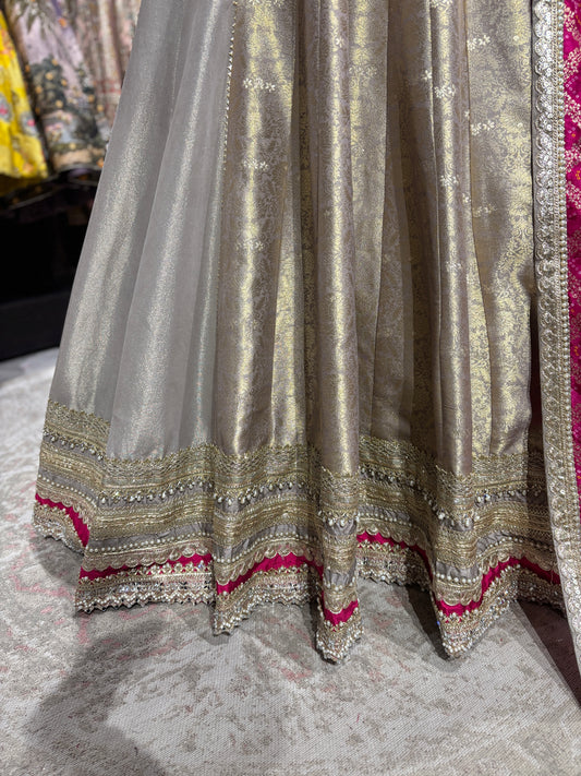 Grey Colour Anarkali with Pink Dupatta and Zari Work Design