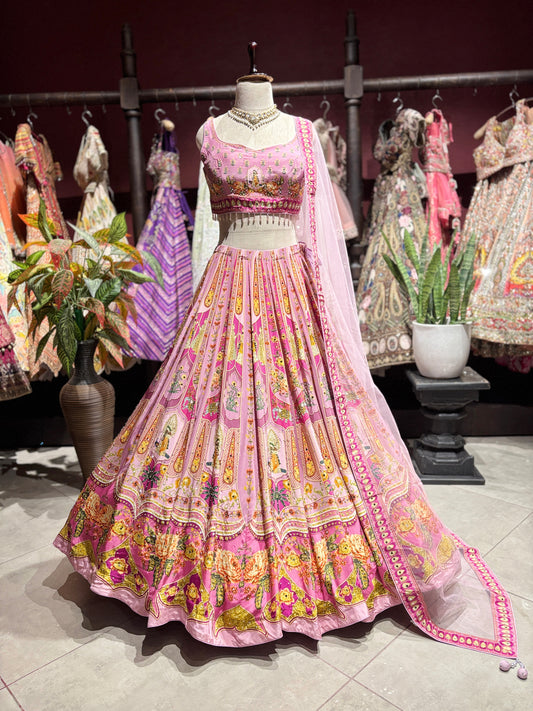 Blush Pink Floral Printed Lehenga Choli with Embellished Dupatta
