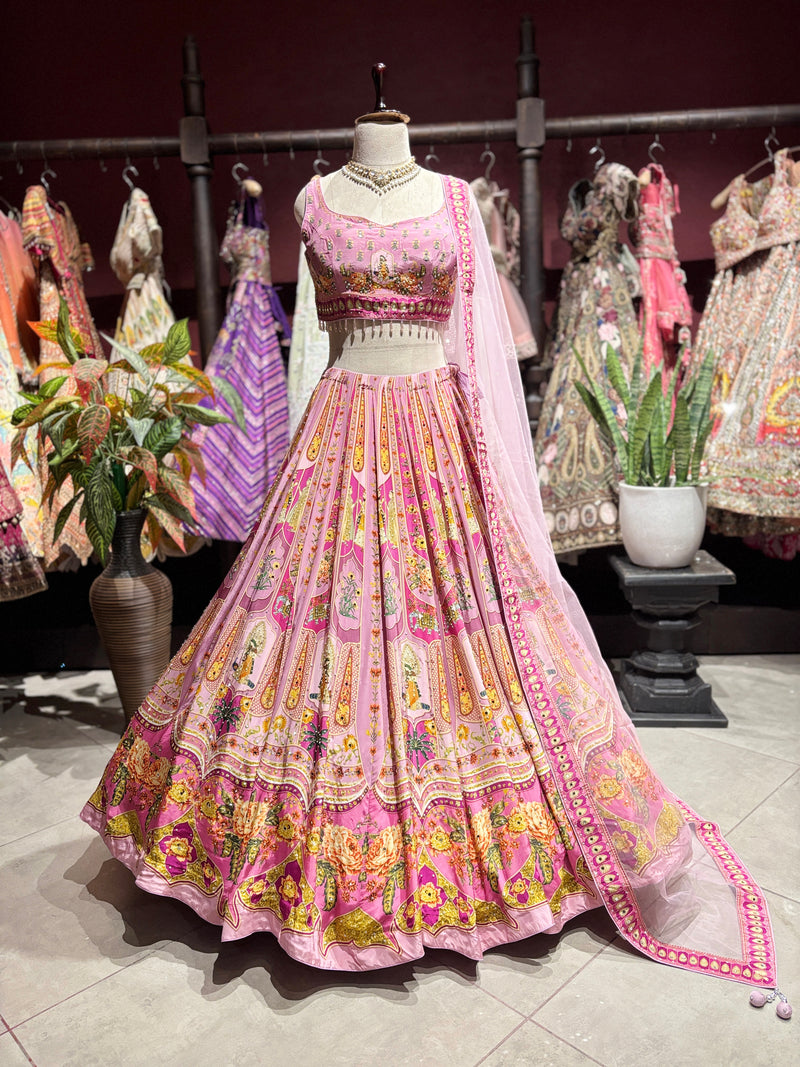 Blush Pink Floral Printed Lehenga Choli with Embellished Dupatta