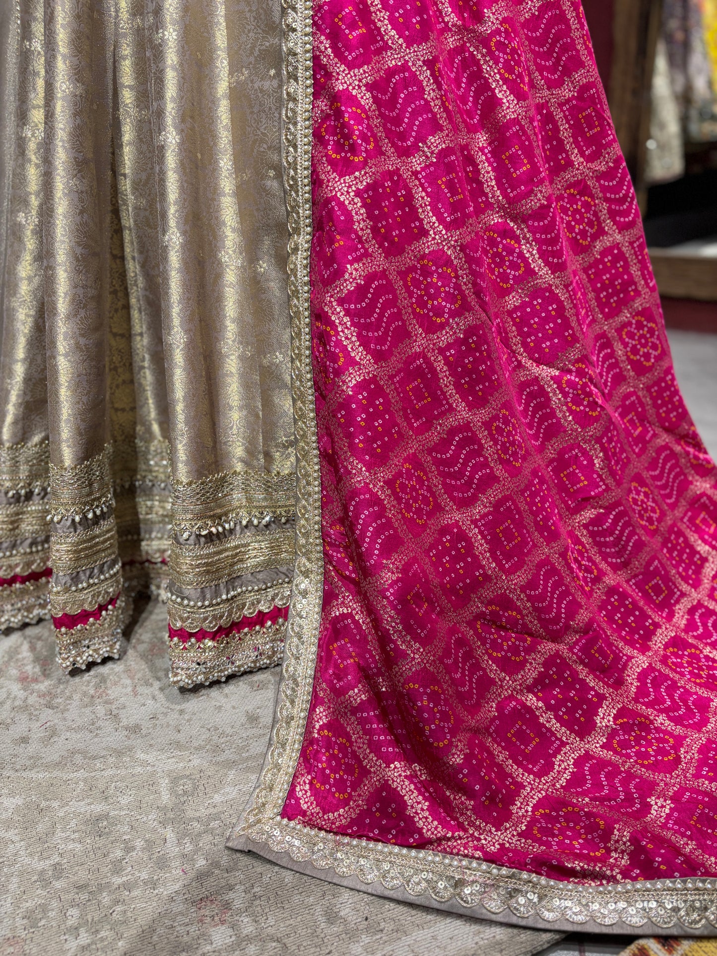 Grey Colour Anarkali with Pink Dupatta and Zari Work Design