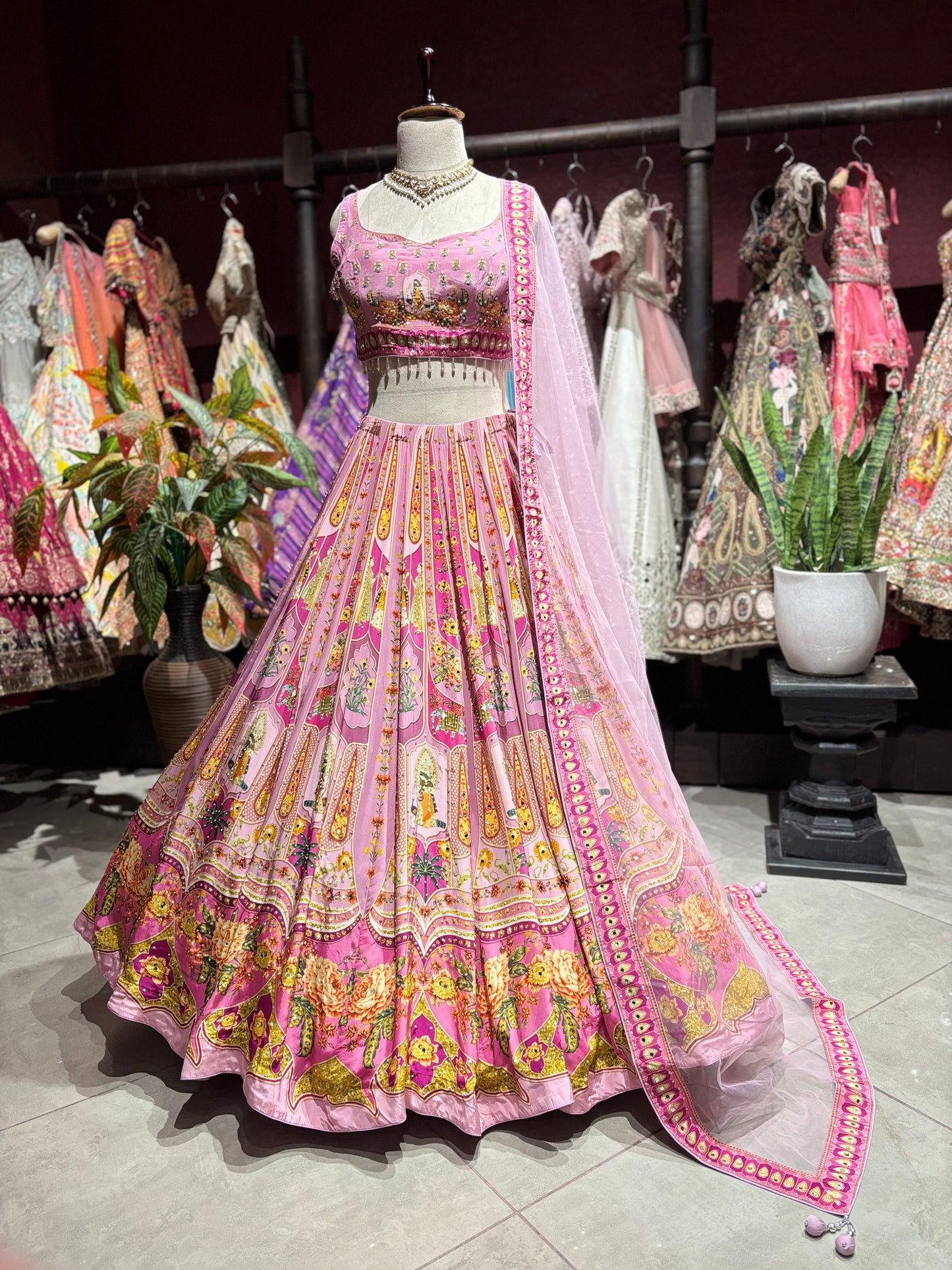 Blush Pink Floral Printed Lehenga Choli with Embellished Dupatta