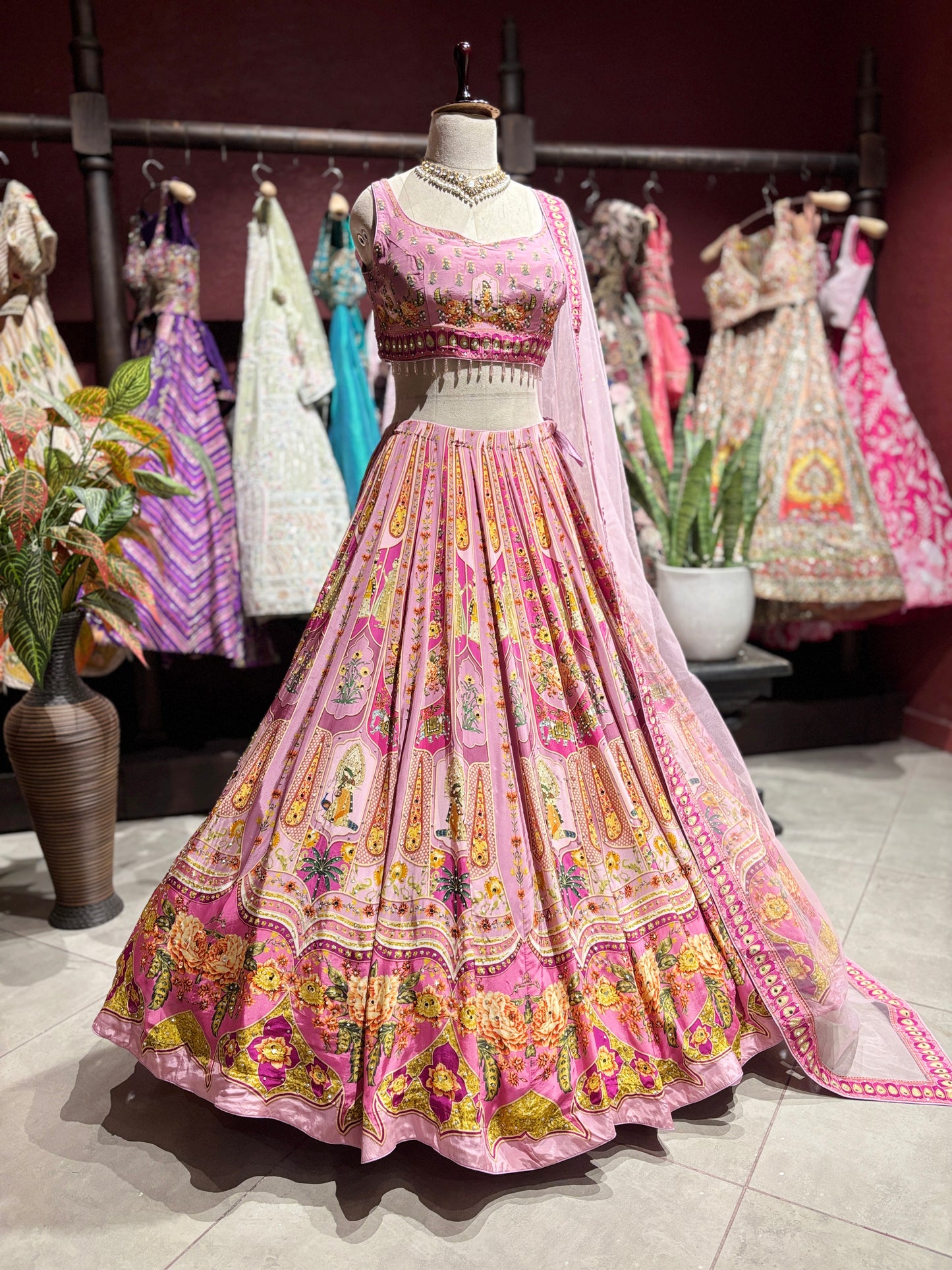 Blush Pink Floral Printed Lehenga Choli with Embellished Dupatta