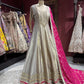 Grey Colour Anarkali with Pink Dupatta and Zari Work Design