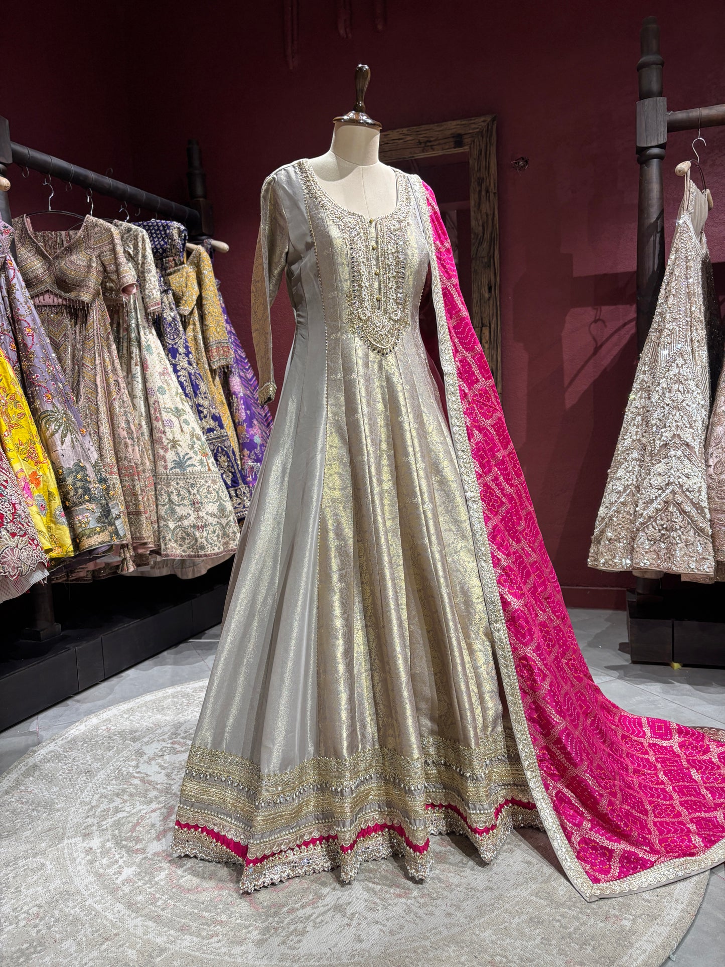 Grey Colour Anarkali with Pink Dupatta and Zari Work Design