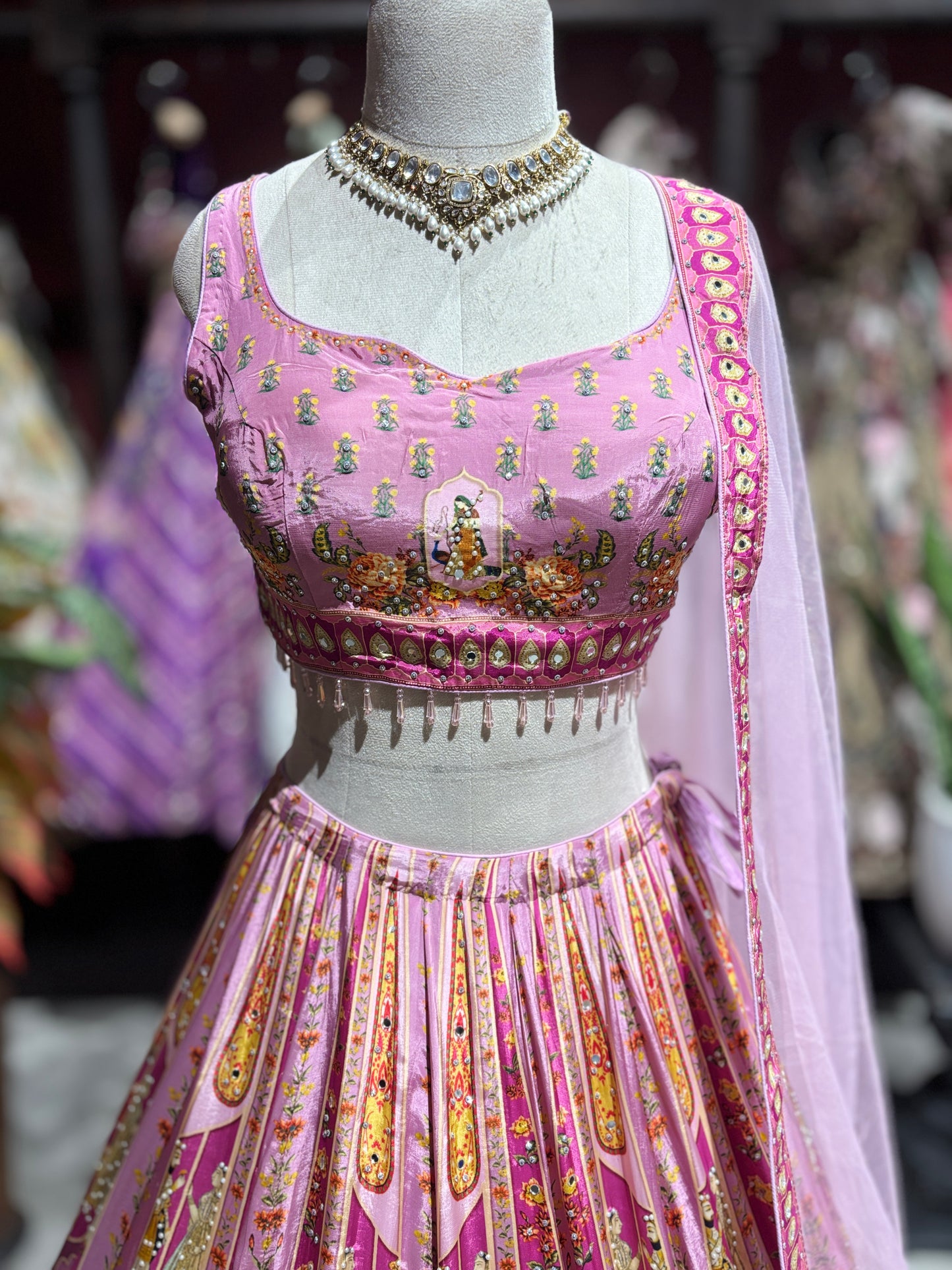 Blush Pink Floral Printed Lehenga Choli with Embellished Dupatta