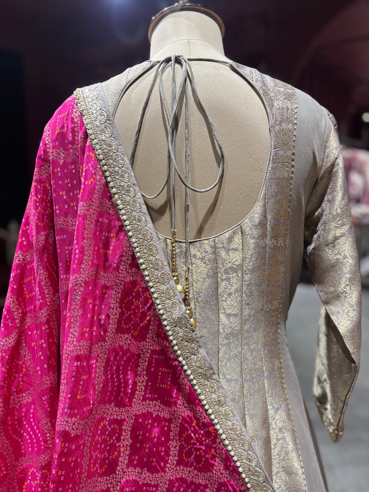 Grey Colour Anarkali with Pink Dupatta and Zari Work Design