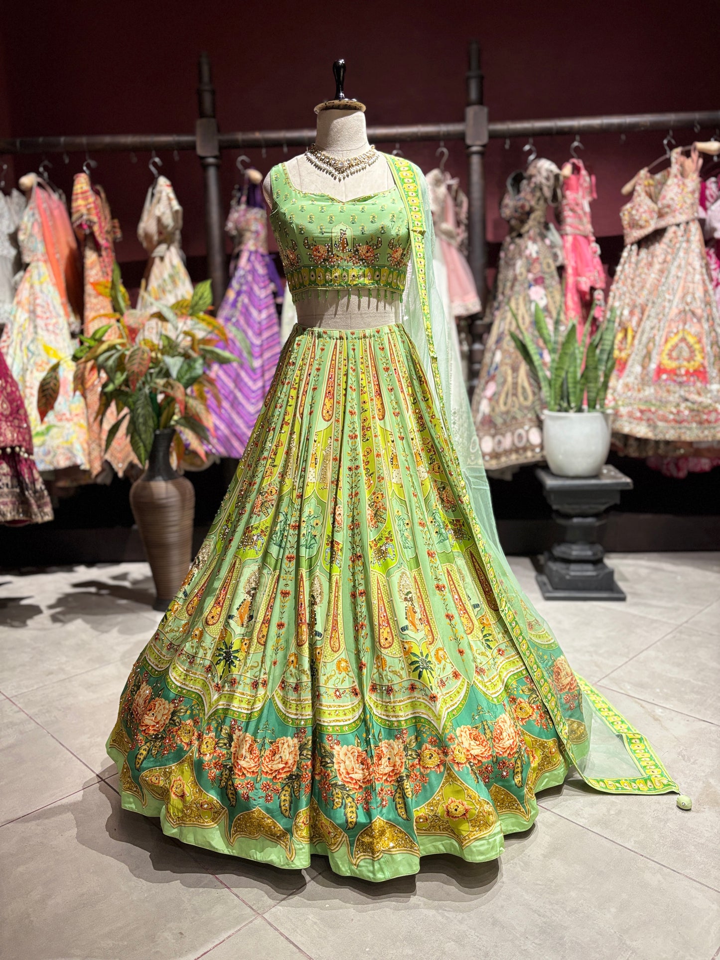 Floral Printed Lehenga Choli with Embellished Blouse & Sheer Dupatta