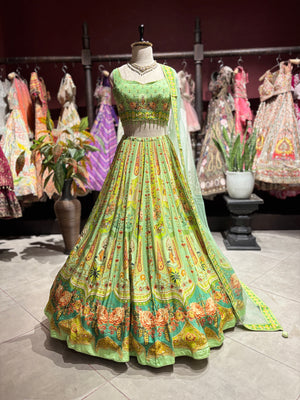 Floral Printed Lehenga Choli with Embellished Blouse & Sheer Dupatta