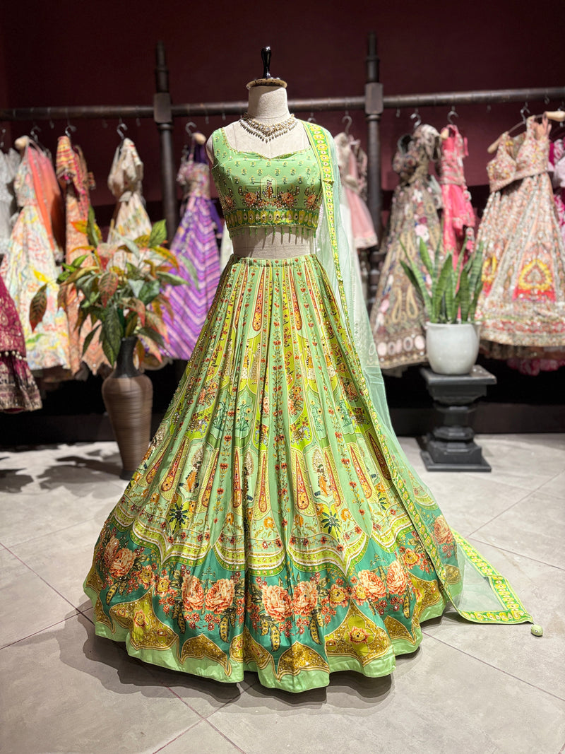 Floral Printed Lehenga Choli with Embellished Blouse & Sheer Dupatta
