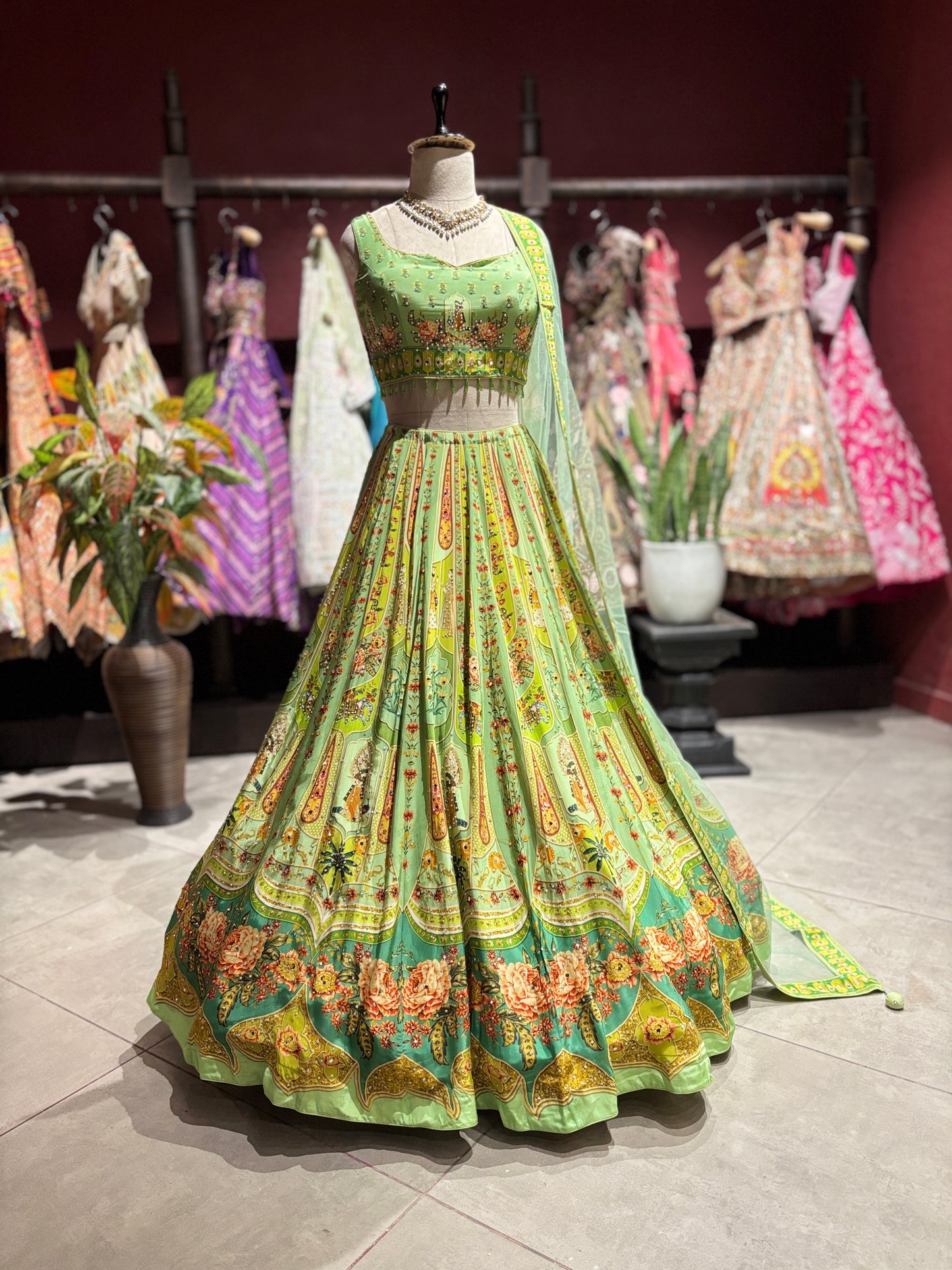 Floral Printed Lehenga Choli with Embellished Blouse & Sheer Dupatta