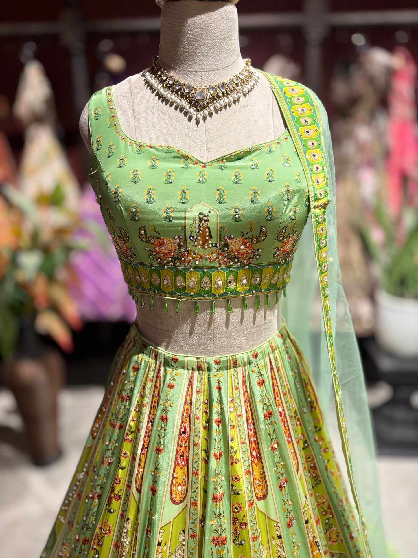 Floral Printed Lehenga Choli with Embellished Blouse & Sheer Dupatta