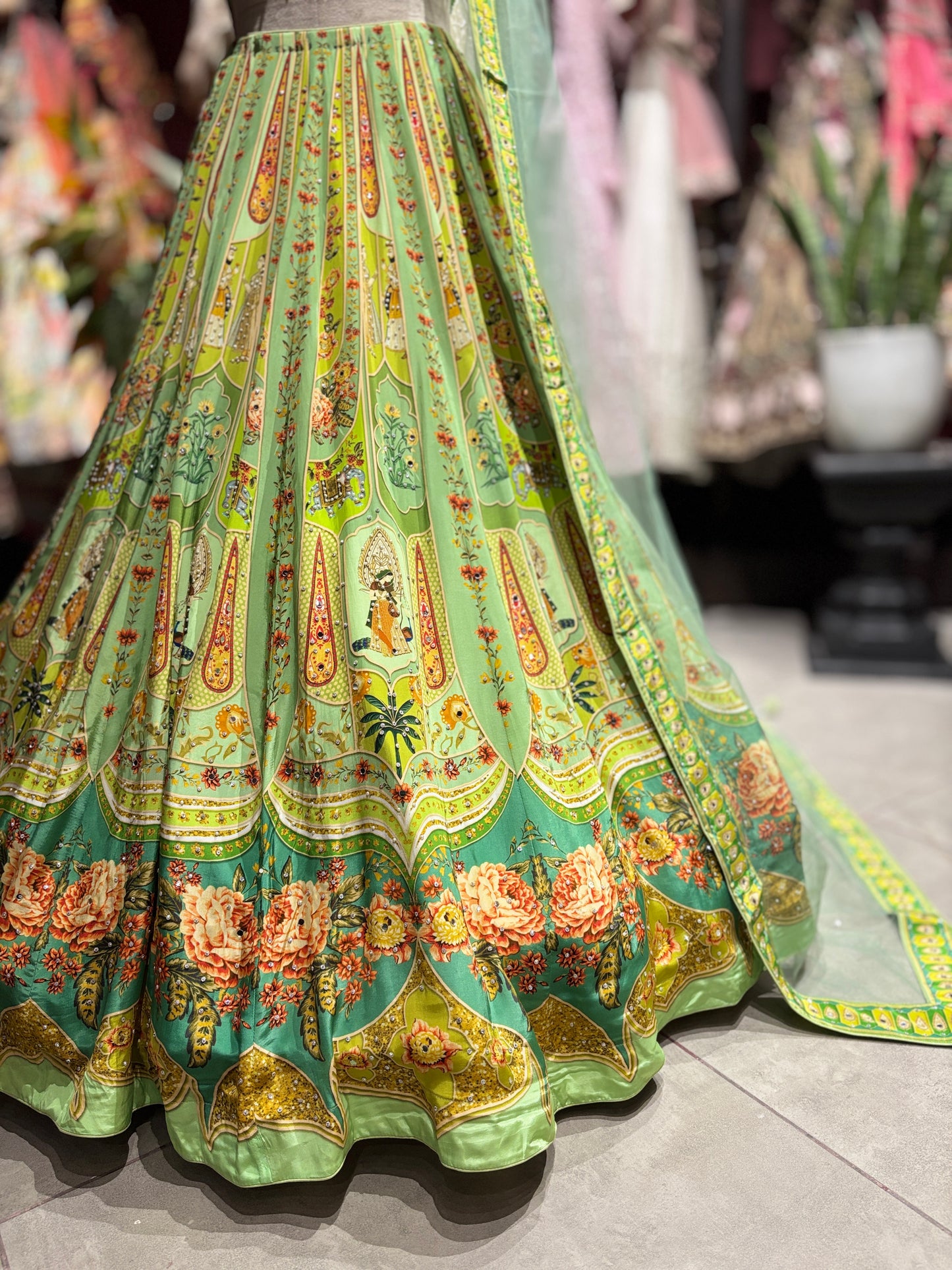 Floral Printed Lehenga Choli with Embellished Blouse & Sheer Dupatta