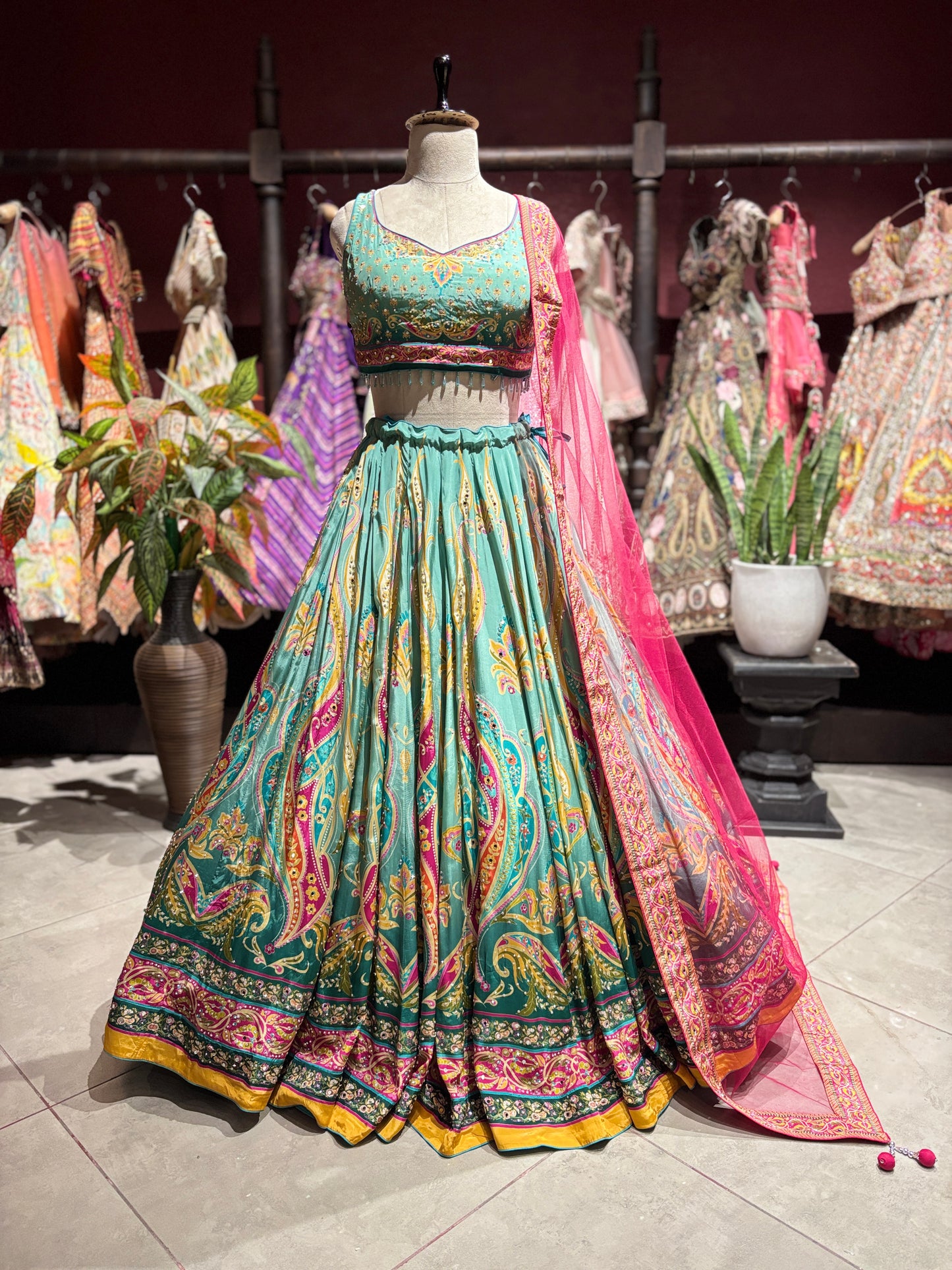 Aqua Green Paisley Designer Lehenga Choli with Hot Pink Dupatta