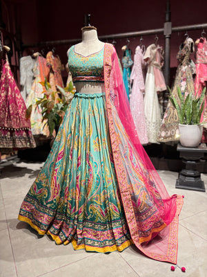 Aqua Green Paisley Designer Lehenga Choli with Hot Pink Dupatta