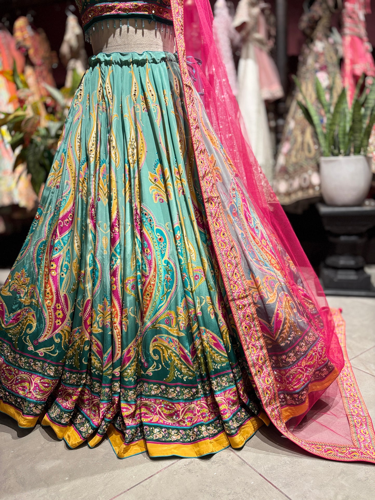 Aqua Green Paisley Designer Lehenga Choli with Hot Pink Dupatta