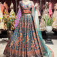 Teal Blue Floral Printed Lehenga Choli with Embellished Sheer Dupatta