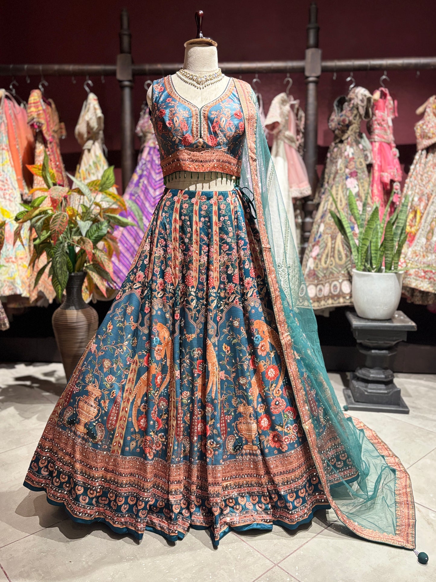 Teal Blue Floral Printed Lehenga Choli with Embellished Sheer Dupatta