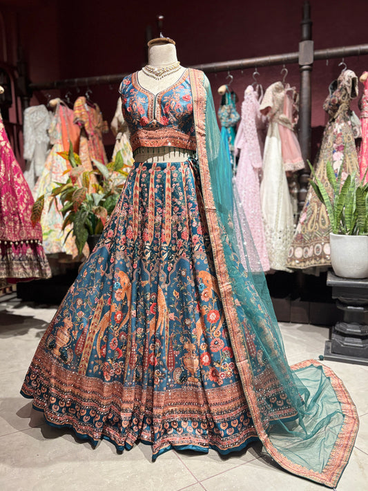 Teal Blue Floral Printed Lehenga Choli with Embellished Sheer Dupatta