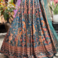 Teal Blue Floral Printed Lehenga Choli with Embellished Sheer Dupatta