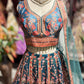 Teal Blue Floral Printed Lehenga Choli with Embellished Sheer Dupatta