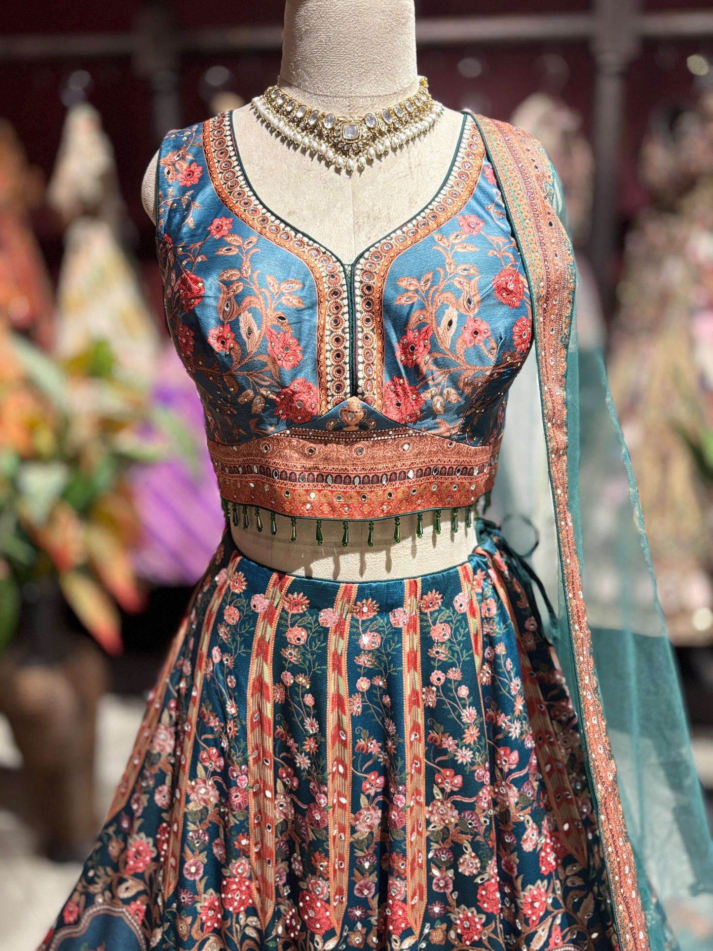 Teal Blue Floral Printed Lehenga Choli with Embellished Sheer Dupatta