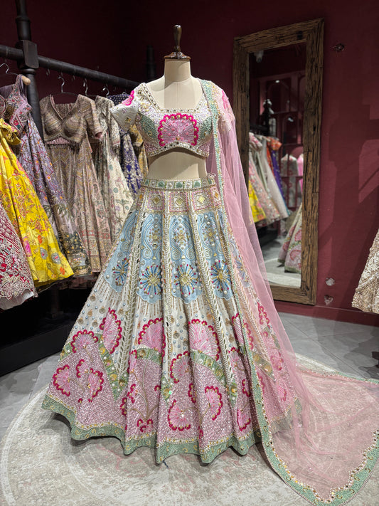 Pastel Pink & Powder Blue Heavy Embroidered Lehenga Set with Dupatta