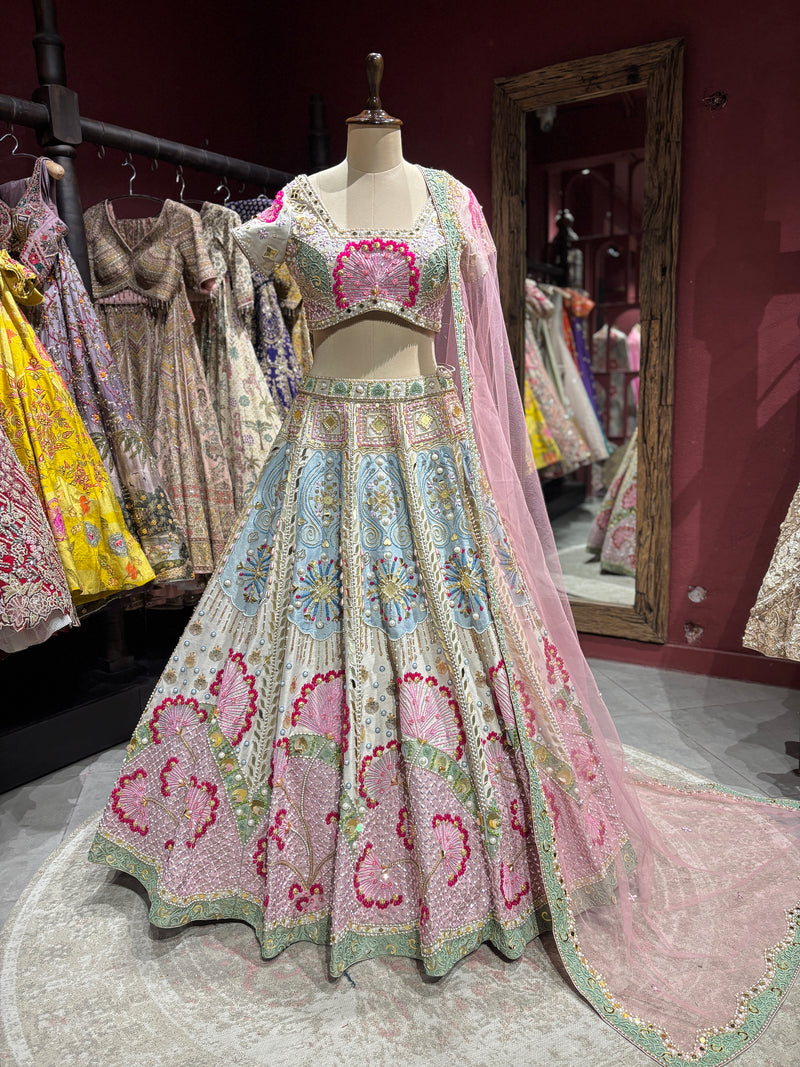 Pastel Pink & Powder Blue Heavy Embroidered Lehenga Set with Dupatta