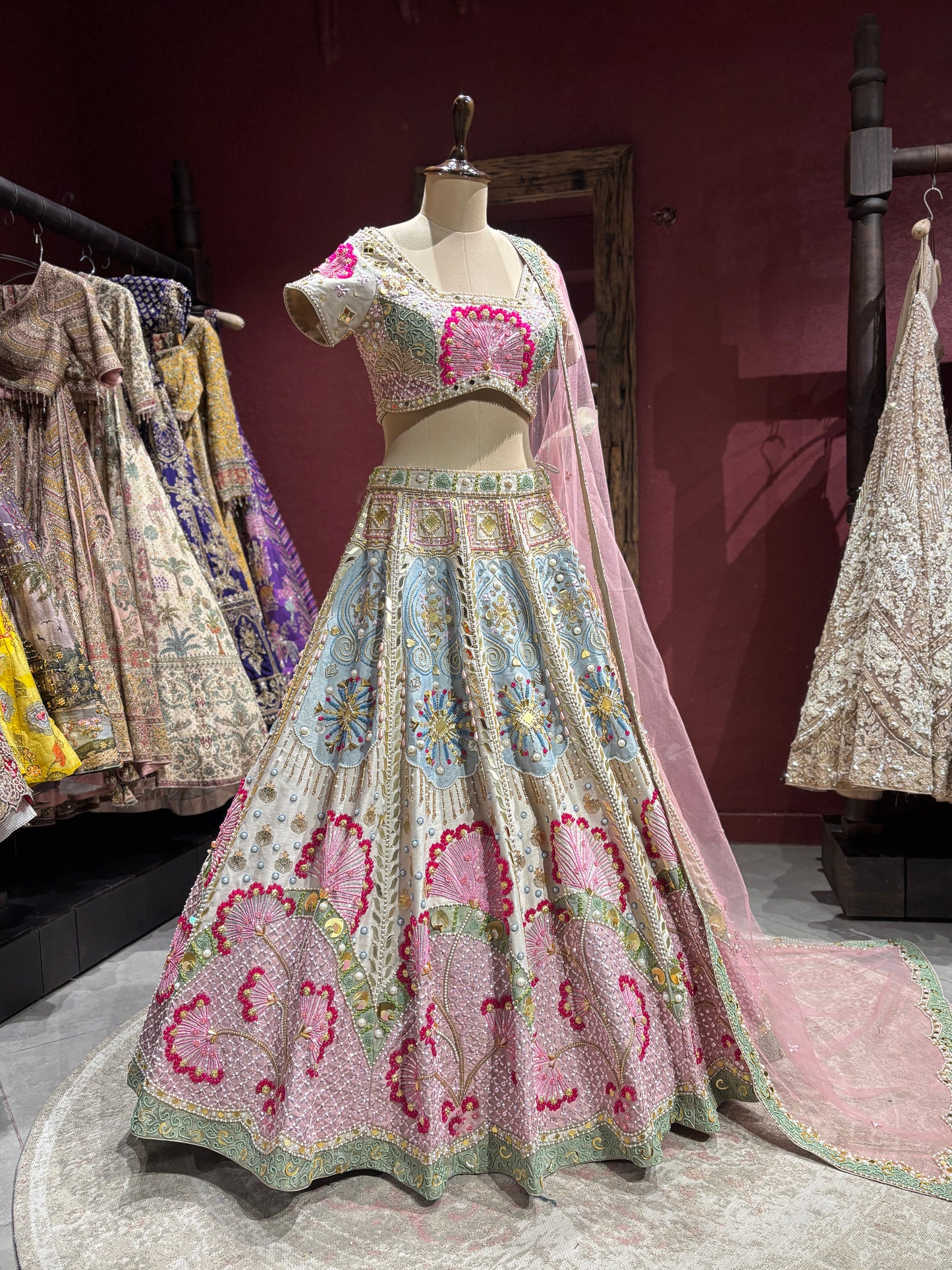 Pastel Pink & Powder Blue Heavy Embroidered Lehenga Set with Dupatta