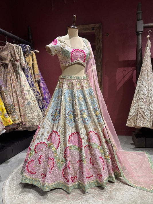 Pastel Pink & Powder Blue Heavy Embroidered Lehenga Set with Dupatta