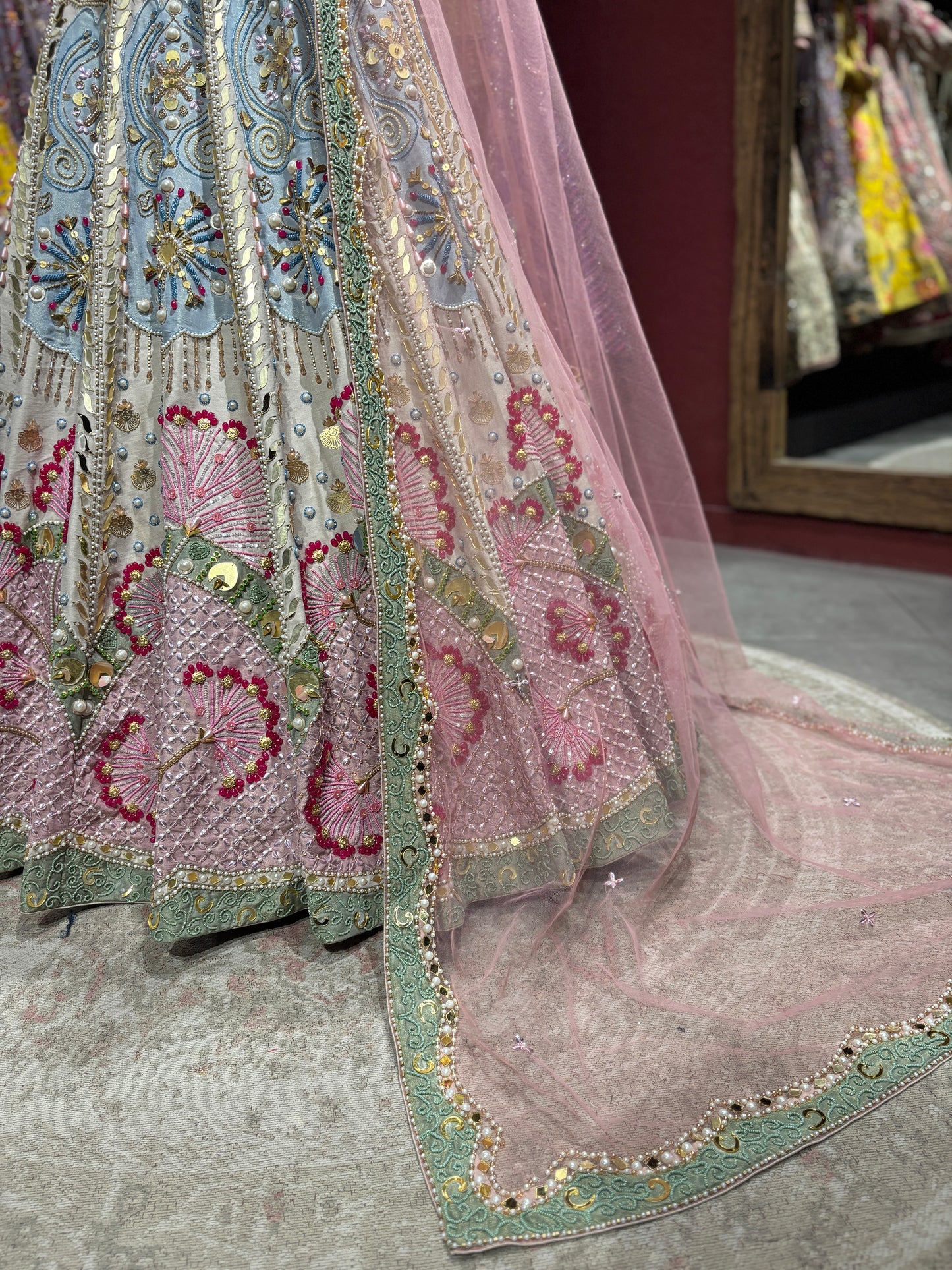 Pastel Pink & Powder Blue Heavy Embroidered Lehenga Set with Dupatta
