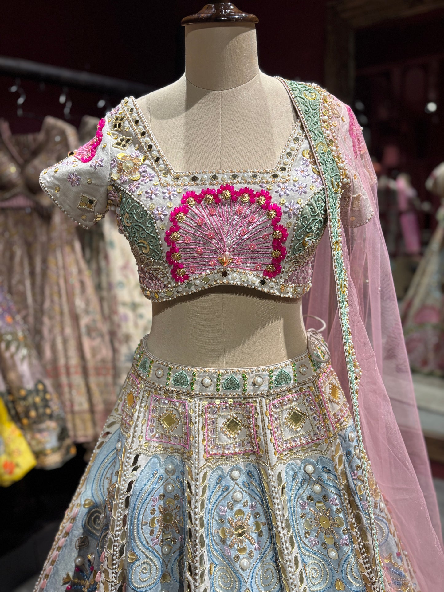 Pastel Pink & Powder Blue Heavy Embroidered Lehenga Set with Dupatta