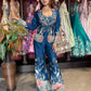 Midnight Blue Floral Printed Three-Piece Blazer & Palazzo Set