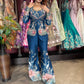 Midnight Blue Floral Printed Three-Piece Blazer & Palazzo Set