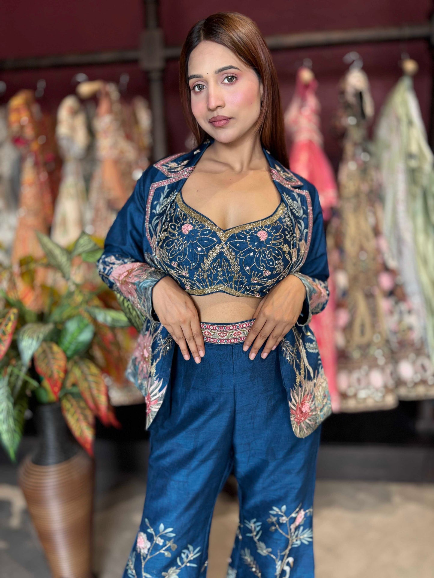 Midnight Blue Floral Printed Three-Piece Blazer & Palazzo Set