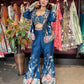 Midnight Blue Floral Printed Three-Piece Blazer & Palazzo Set