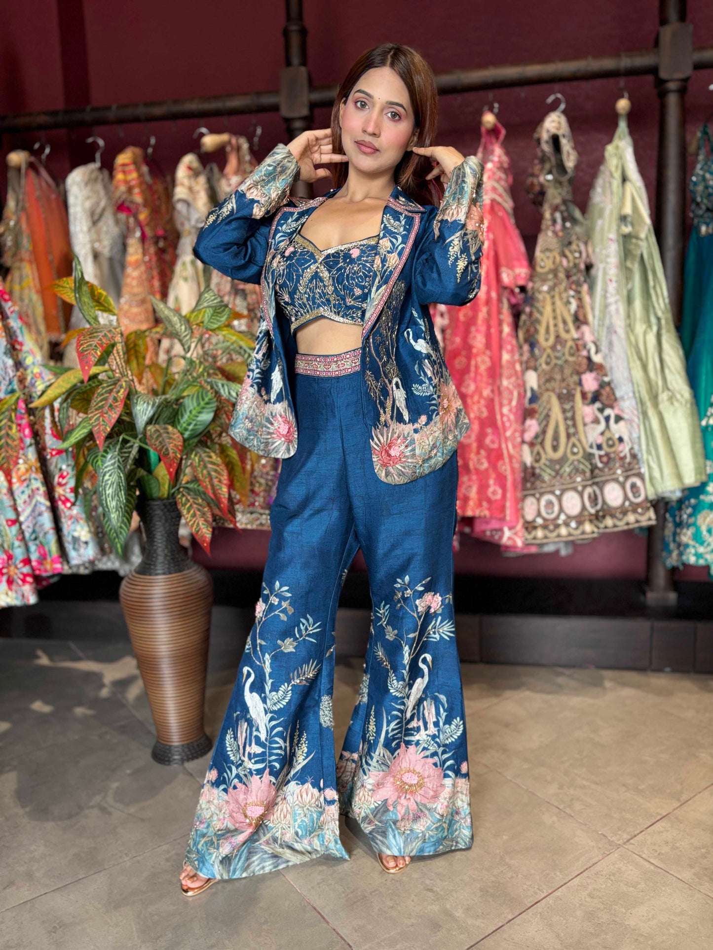 Midnight Blue Floral Printed Three-Piece Blazer & Palazzo Set