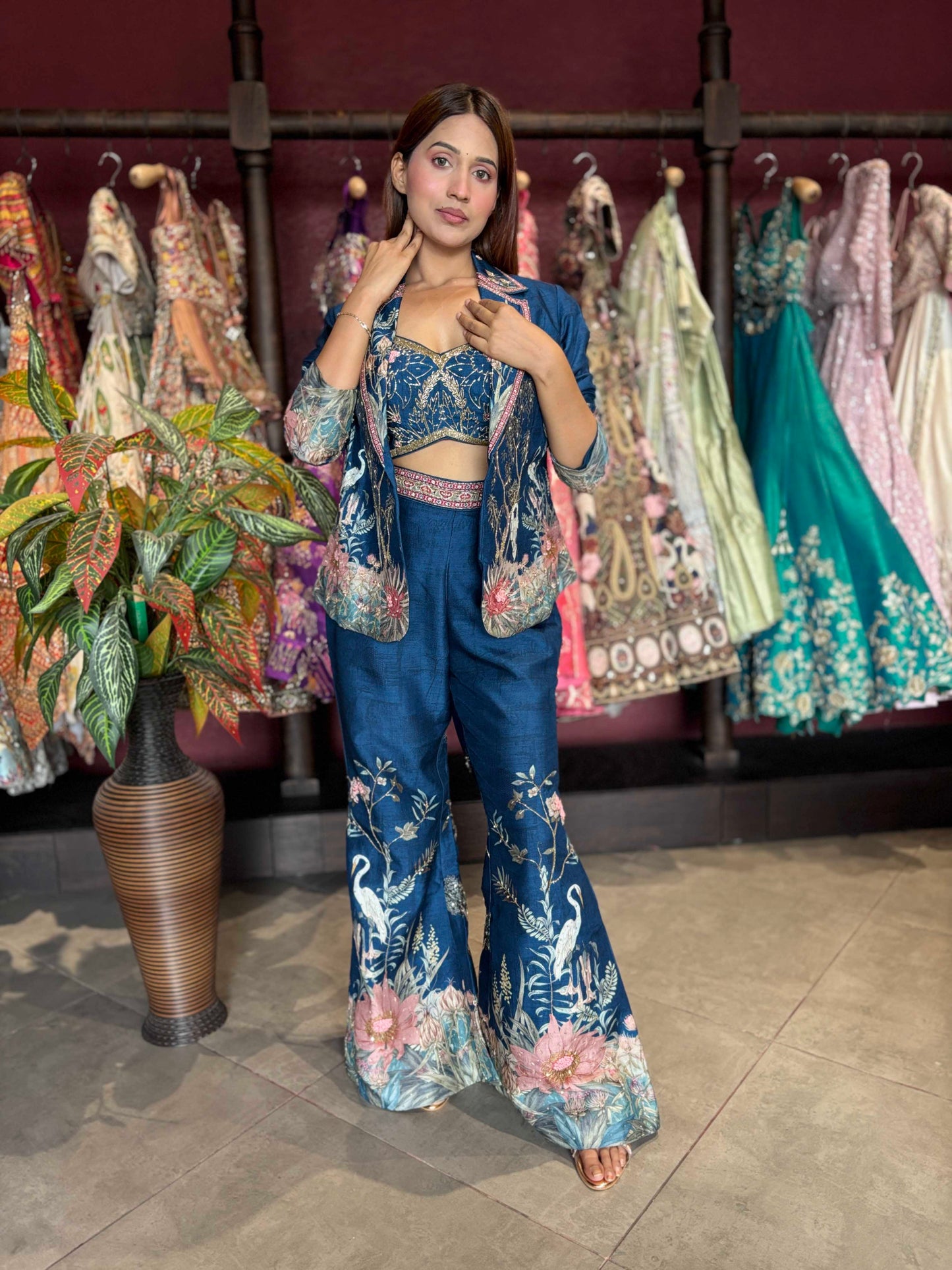 Midnight Blue Floral Printed Three-Piece Blazer & Palazzo Set