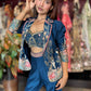 Midnight Blue Floral Printed Three-Piece Blazer & Palazzo Set