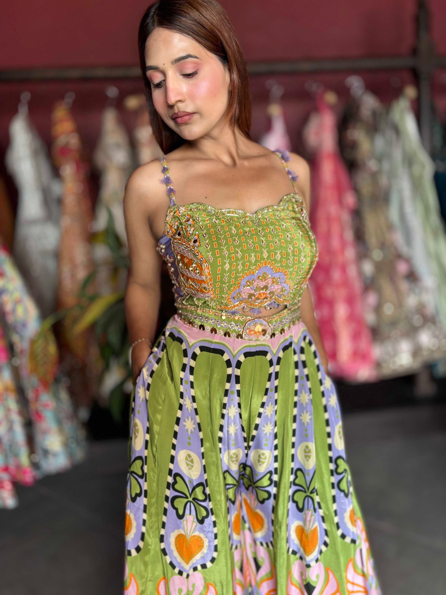 Olive Green Multicolor Printed Embellished Wide-Leg Jumpsuit