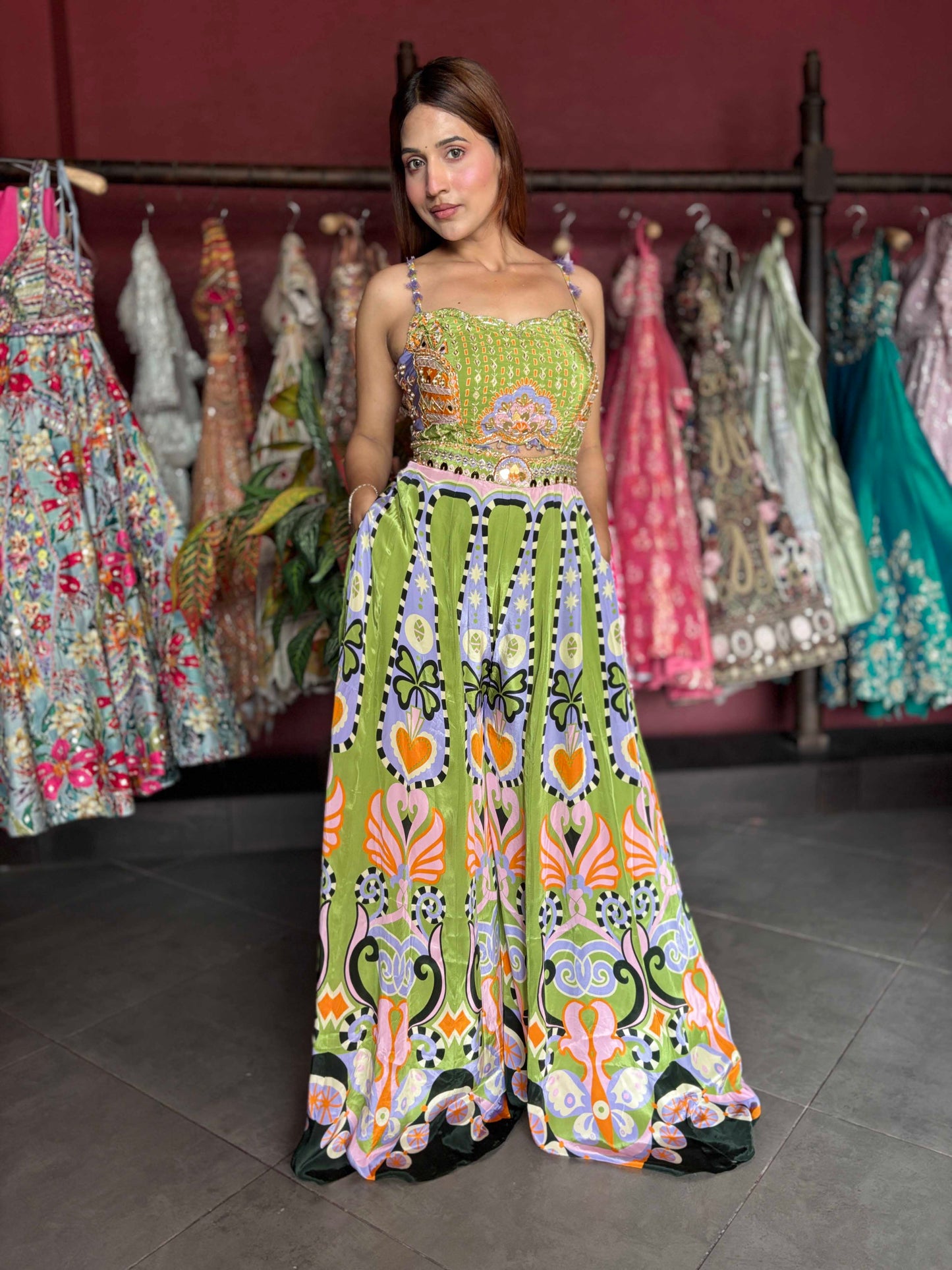 Olive Green Multicolor Printed Embellished Wide-Leg Jumpsuit