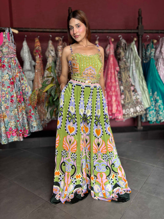 Olive Green Multicolor Printed Embellished Wide-Leg Jumpsuit
