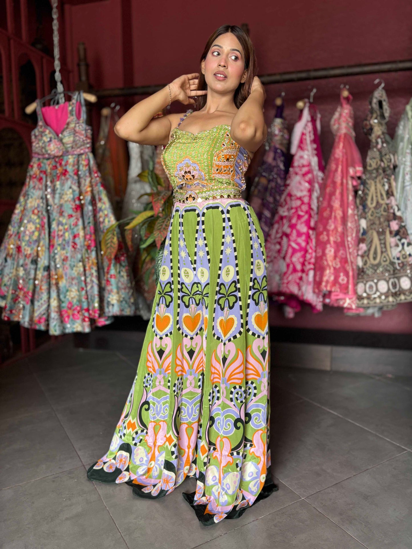 Olive Green Multicolor Printed Embellished Wide-Leg Jumpsuit